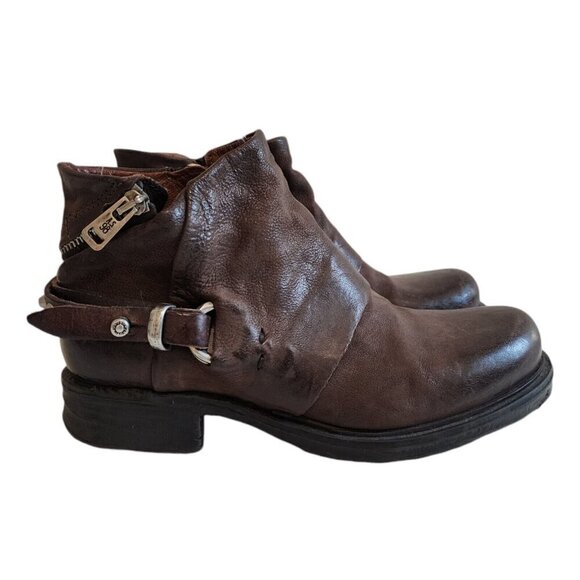 AS 98 Steve Chocolate Brown Leather Studded Moto Zip Buckle Booties 36/5.5-6 - Picture 1 of 11